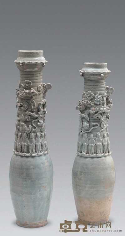 南宋 影青雕塑人物龙纹瓶（一对） 高72cm；口径14cm；底径14cm